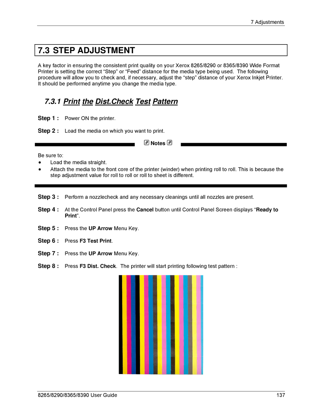 Xerox 8265, 8290, 8390, 8365 manual Step Adjustment, Print the Dist.Check Test Pattern, Press F3 Test Print 