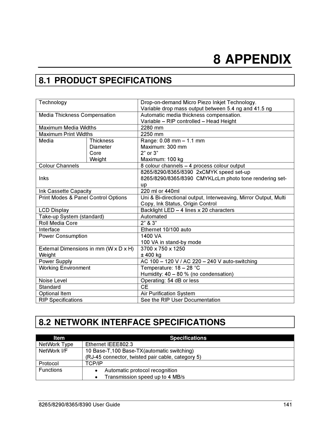 Xerox 8265, 8290, 8390, 8365 manual Product Specifications, Network Interface Specifications 