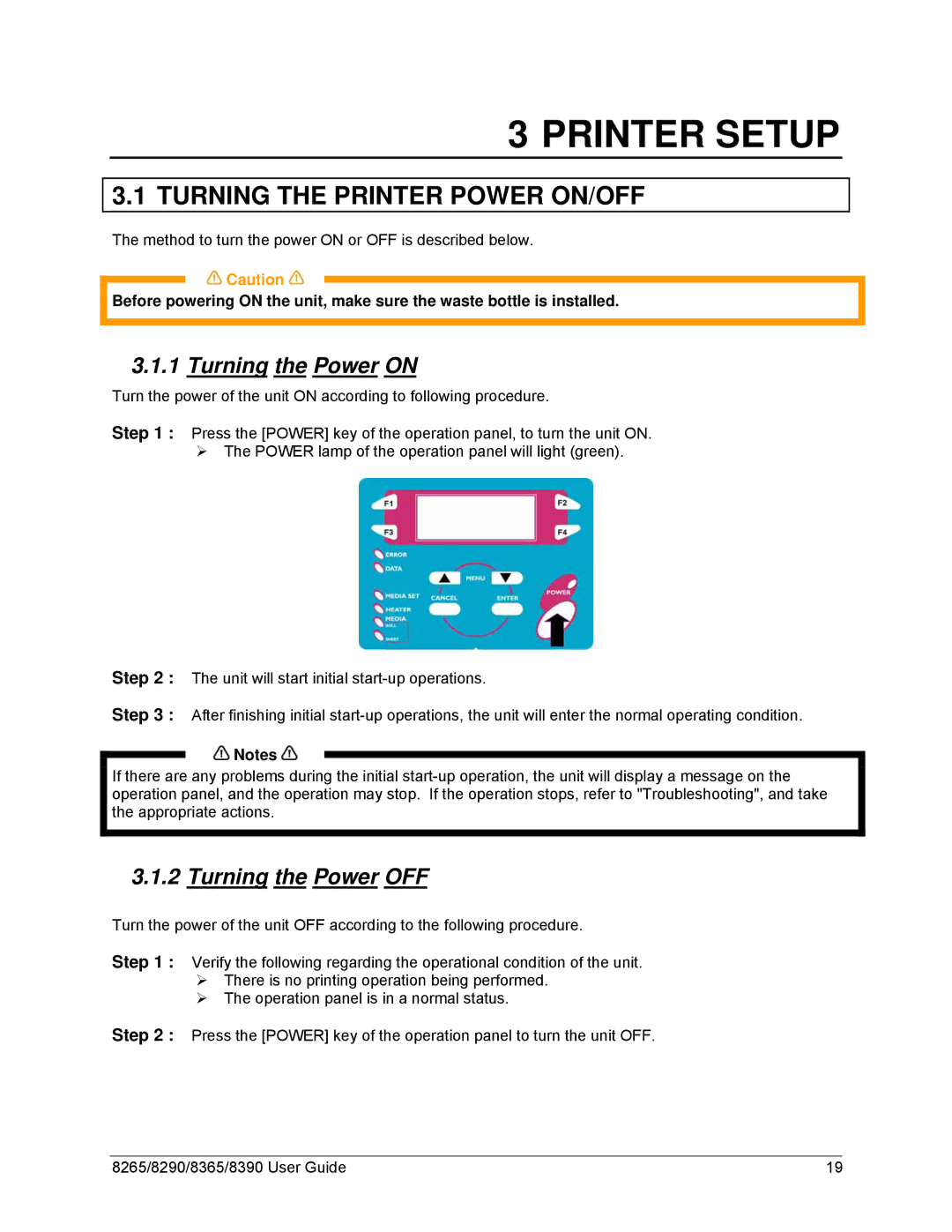 Xerox 8365, 8290, 8265, 8390 manual Turning the Printer Power ON/OFF, Turning the Power on, Turning the Power OFF 