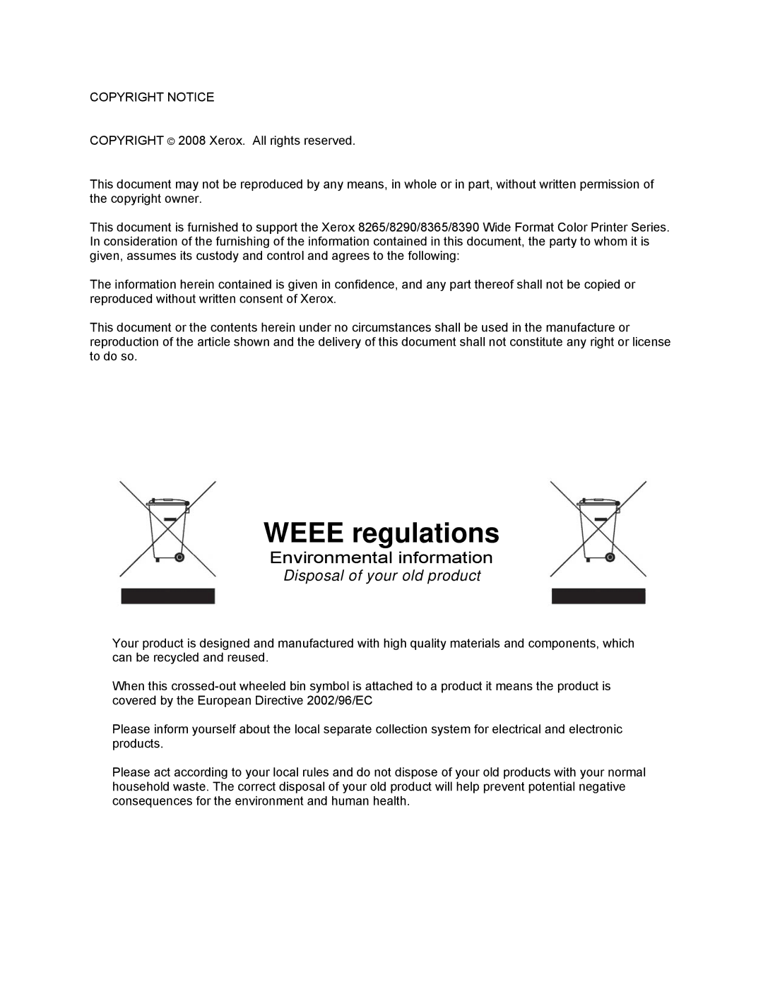 Xerox 8365, 8290, 8265, 8390 manual Weee regulations 