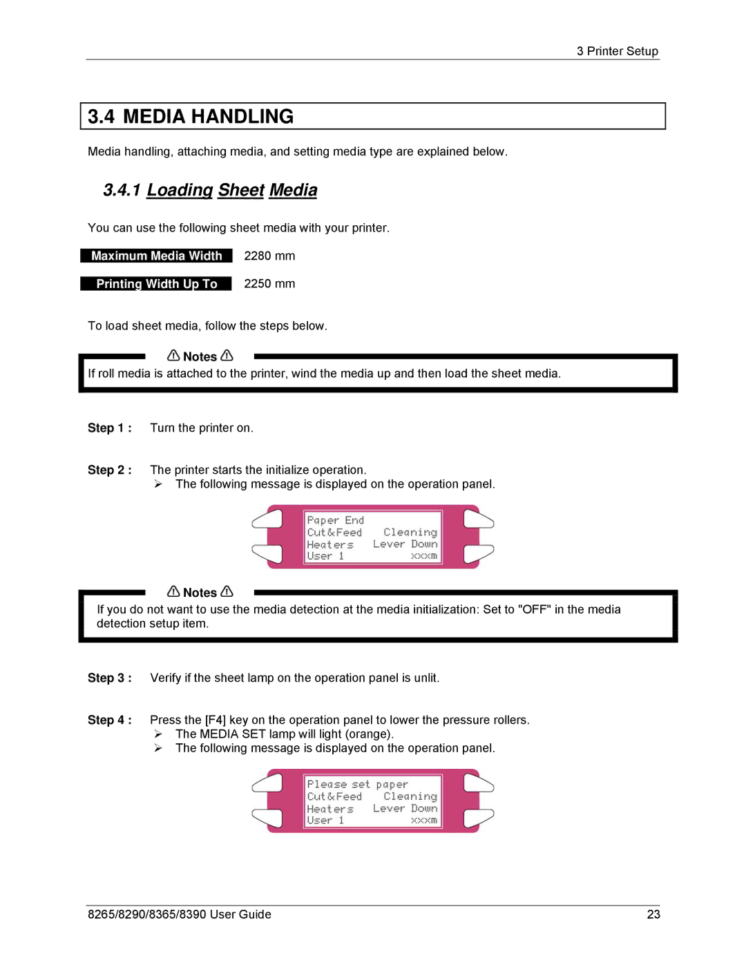 Xerox 8365, 8290, 8265, 8390 Media Handling, Loading Sheet Media, Maximum Media Width 2280 mm 2250 mm Printing Width Up To 