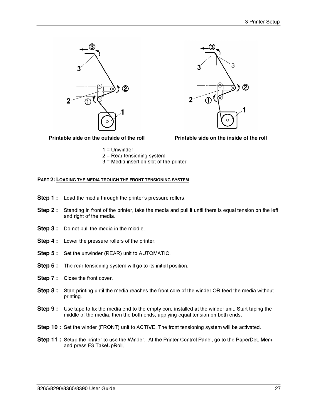 Xerox 8365, 8290, 8265, 8390 manual Printable side on the outside of the roll 