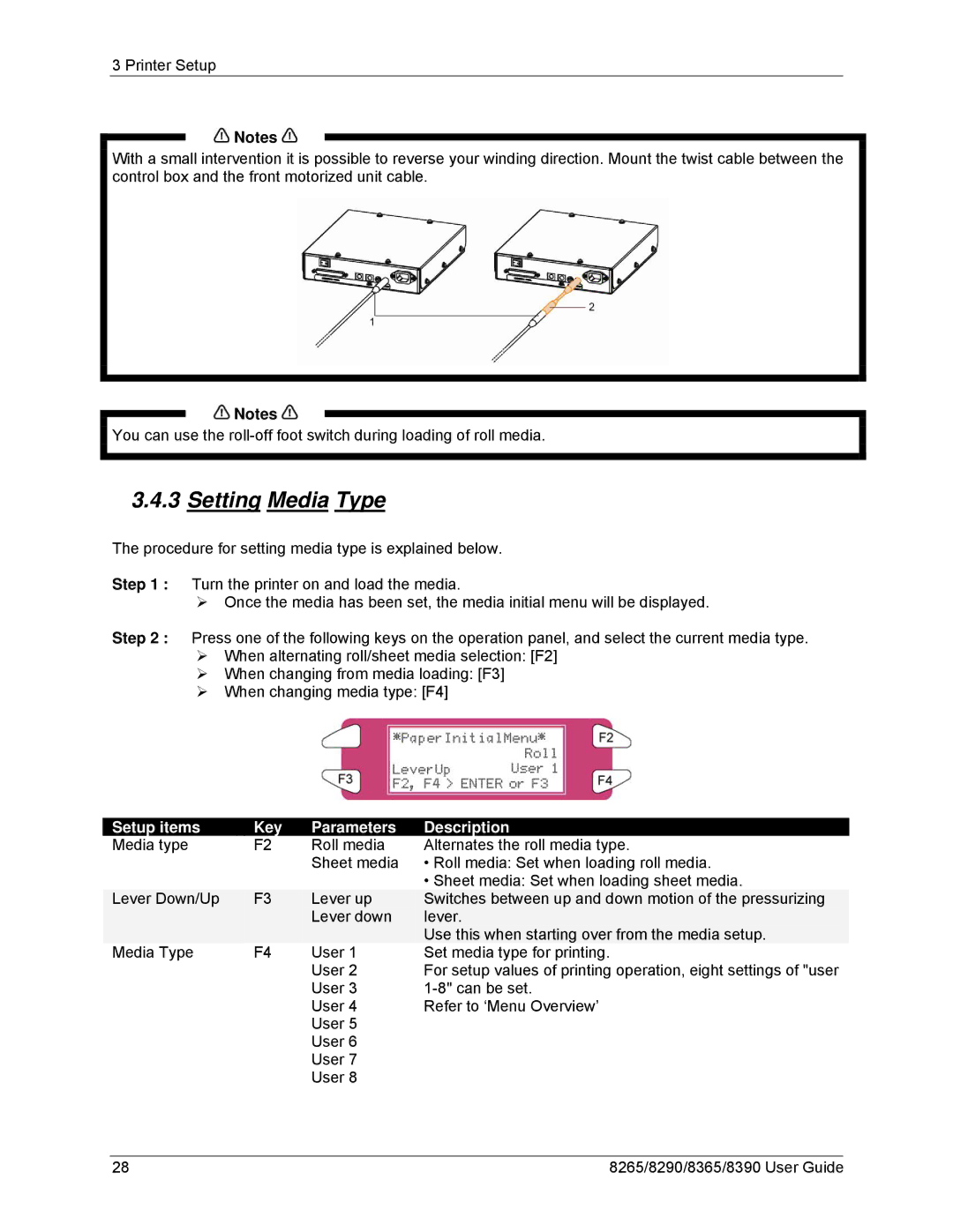 Xerox 8290, 8265, 8390, 8365 manual Setting Media Type, Setup items Key Parameters Description 