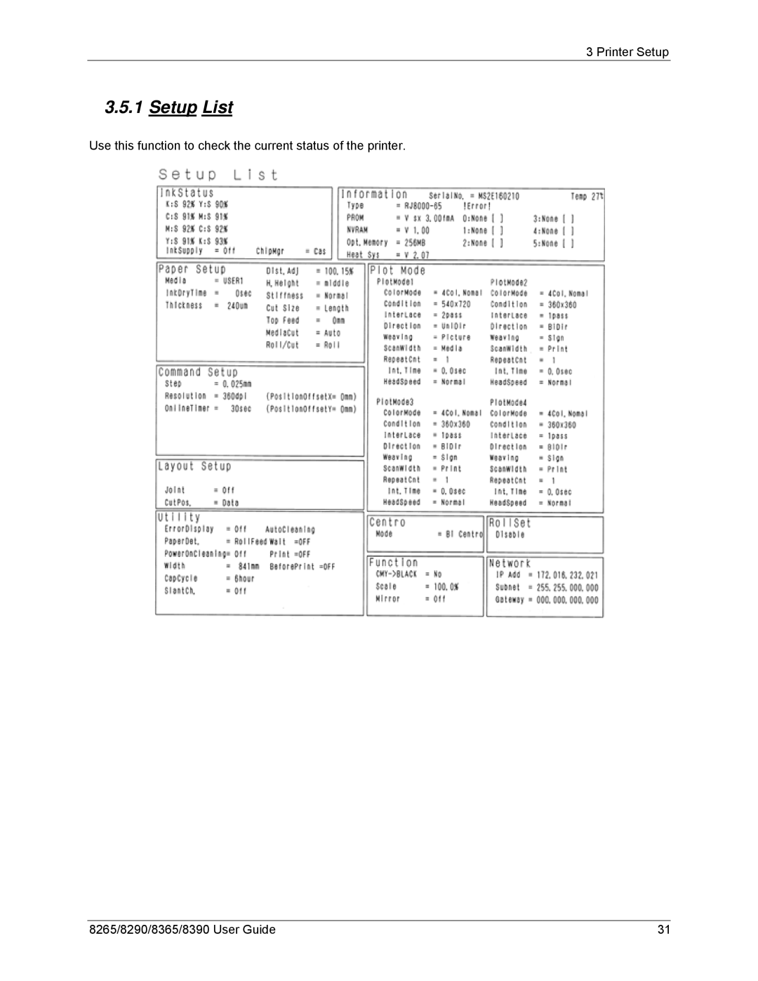 Xerox 8365, 8290, 8265, 8390 manual Setup List 