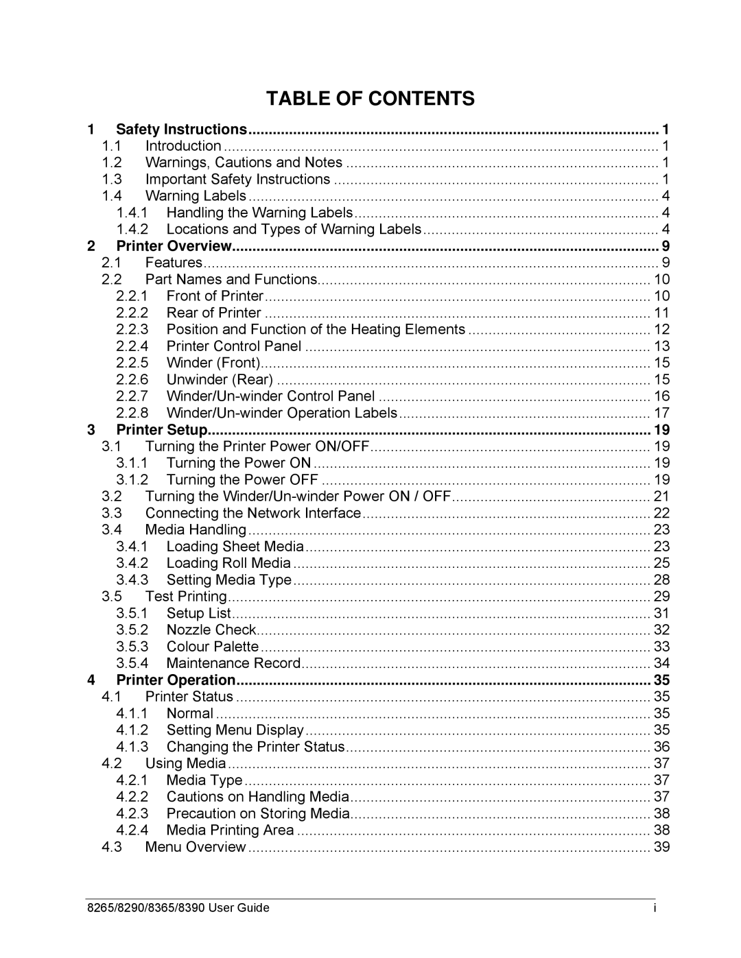 Xerox 8265, 8290, 8390, 8365 manual Table of Contents 