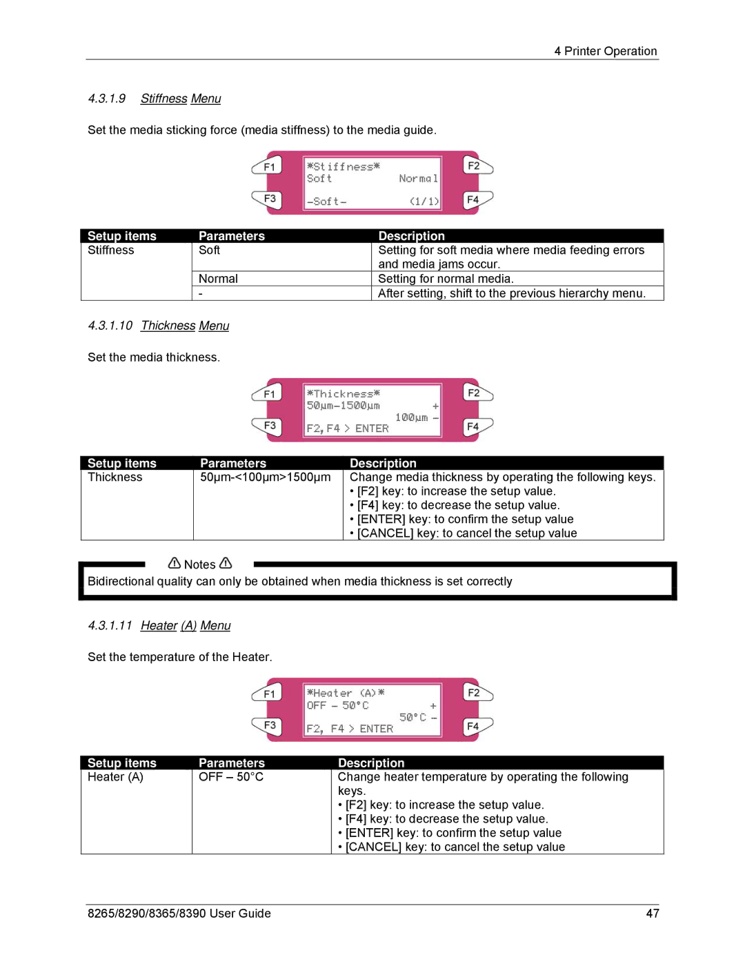 Xerox 8365, 8290, 8265, 8390 Stiffness Menu, Setup items Stiffness Parameters Description, Thickness Menu, Heater a Menu 