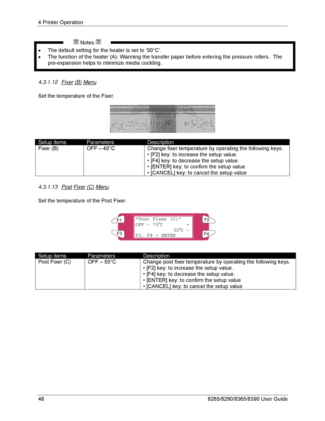 Xerox 8290, 8265, 8390 Fixer B Menu, Setup items Fixer B Parameters, Post Fixer C Menu, Setup items Post Fixer C Parameters 