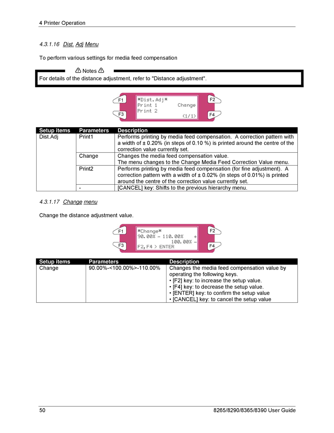 Xerox 8390, 8290 Dist. Adj Menu, Setup items Dist.Adj Parameters Description, Change menu, Setup items Change Parameters 