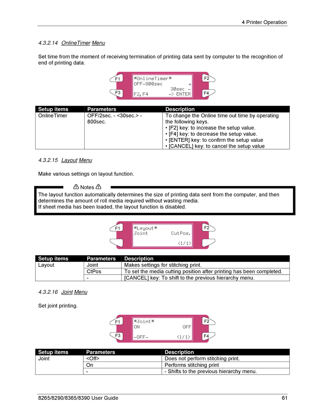 Xerox 8265, 8290, 8390, 8365 manual OnlineTimer Menu, Layout Menu, Setup items Layout Parameters Description, Joint Menu 