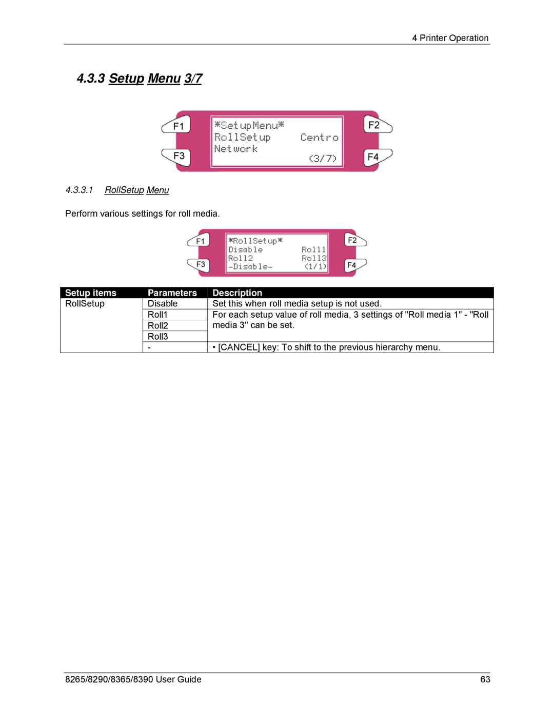 Xerox 8365, 8290, 8265, 8390 manual Setup Menu 3/7, RollSetup Menu 