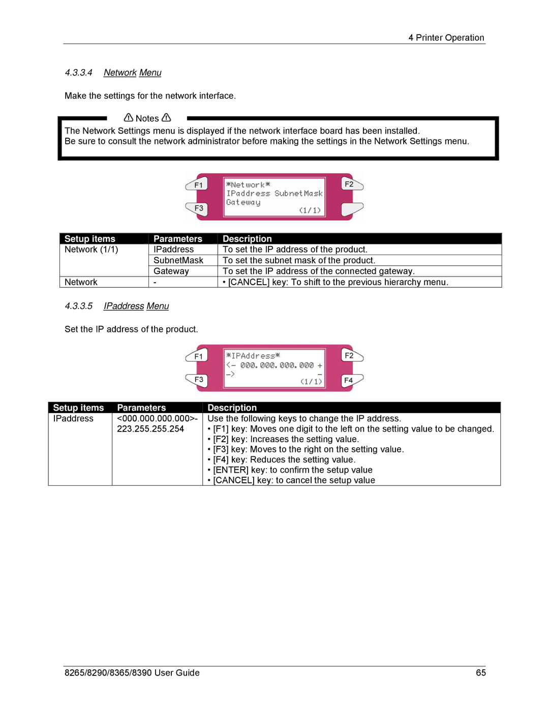 Xerox 8265, 8290, 8390, 8365 Network Menu, Setup items Parameters, IPaddress Menu, Parameters 000.000.000.000 Description 