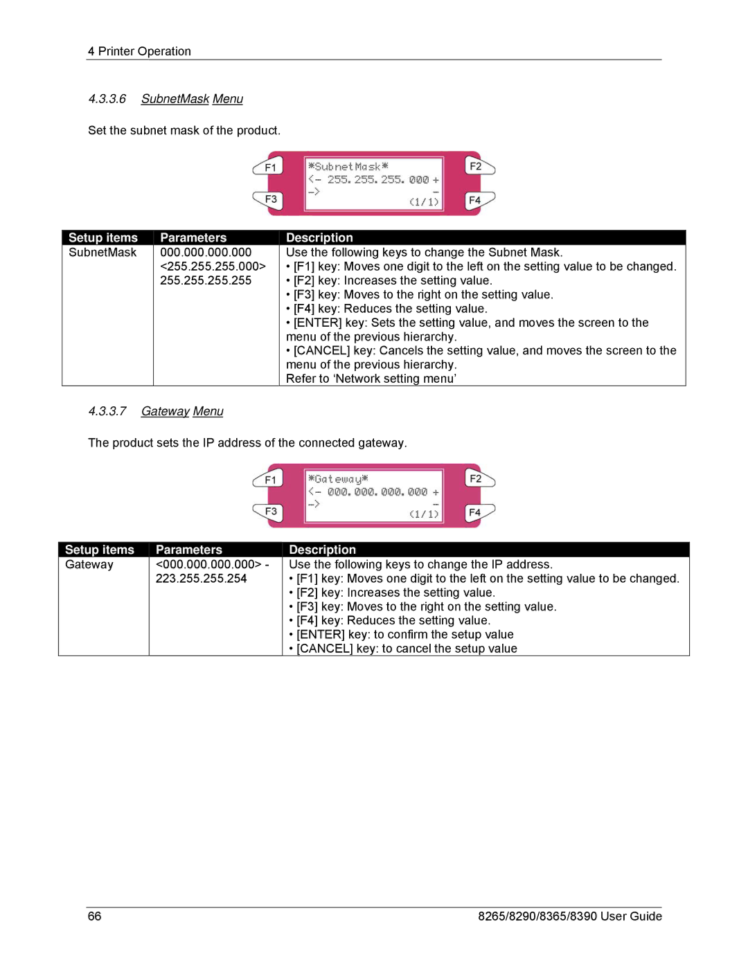 Xerox 8390, 8290, 8265, 8365 manual SubnetMask Menu, Gateway Menu 