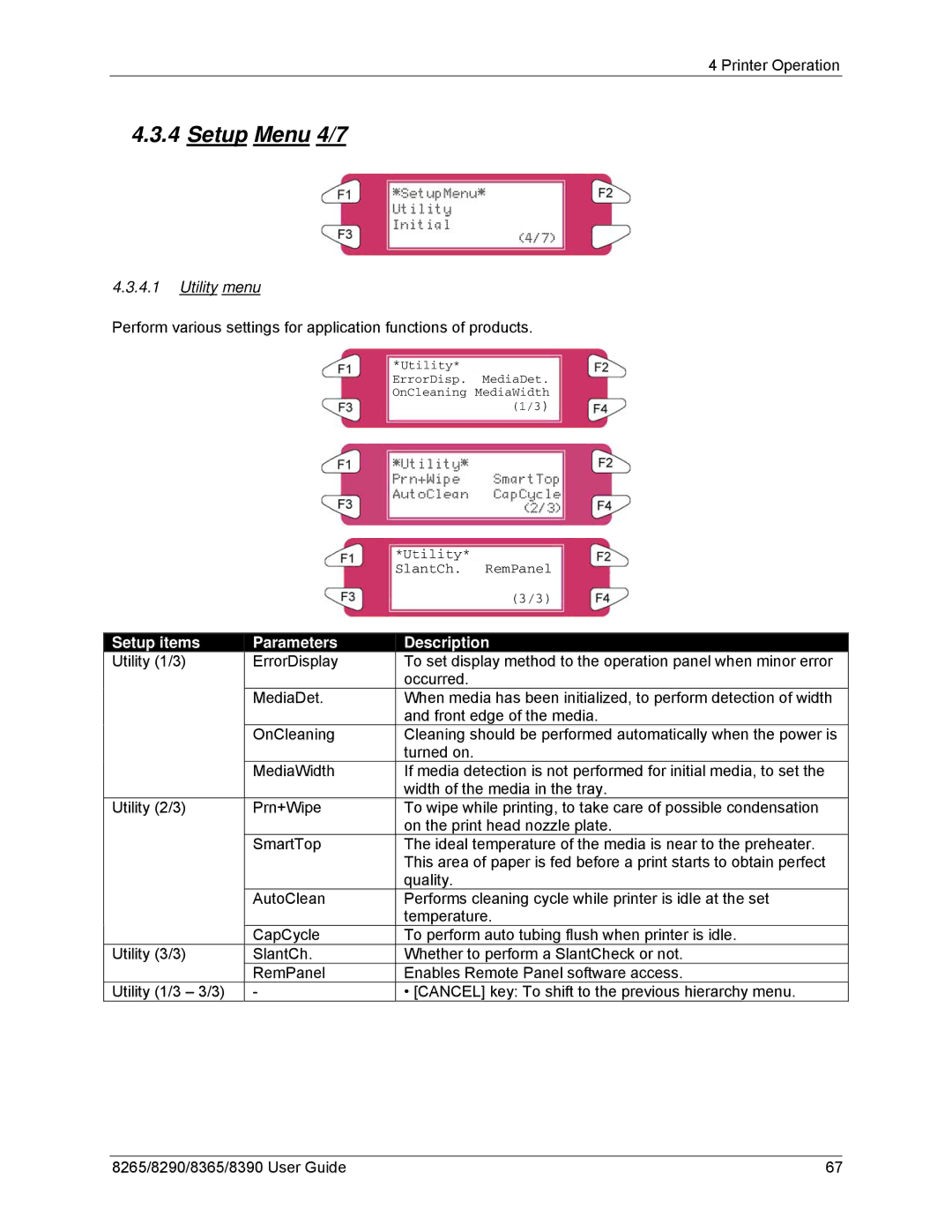 Xerox 8365, 8290, 8265, 8390 manual Setup Menu 4/7, Utility menu 