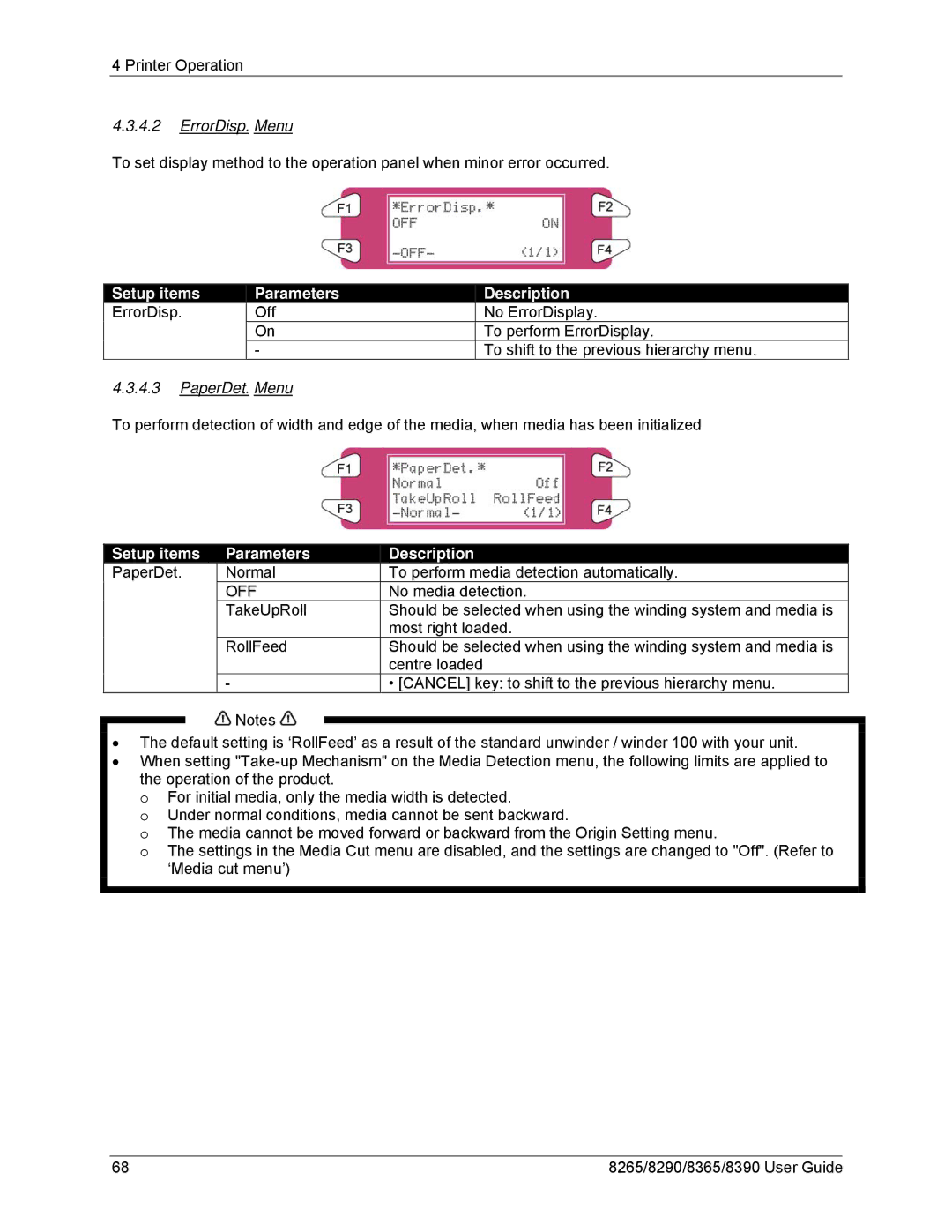 Xerox 8290, 8265, 8390, 8365 manual ErrorDisp. Menu, Setup items ErrorDisp Parameters Description, PaperDet. Menu 