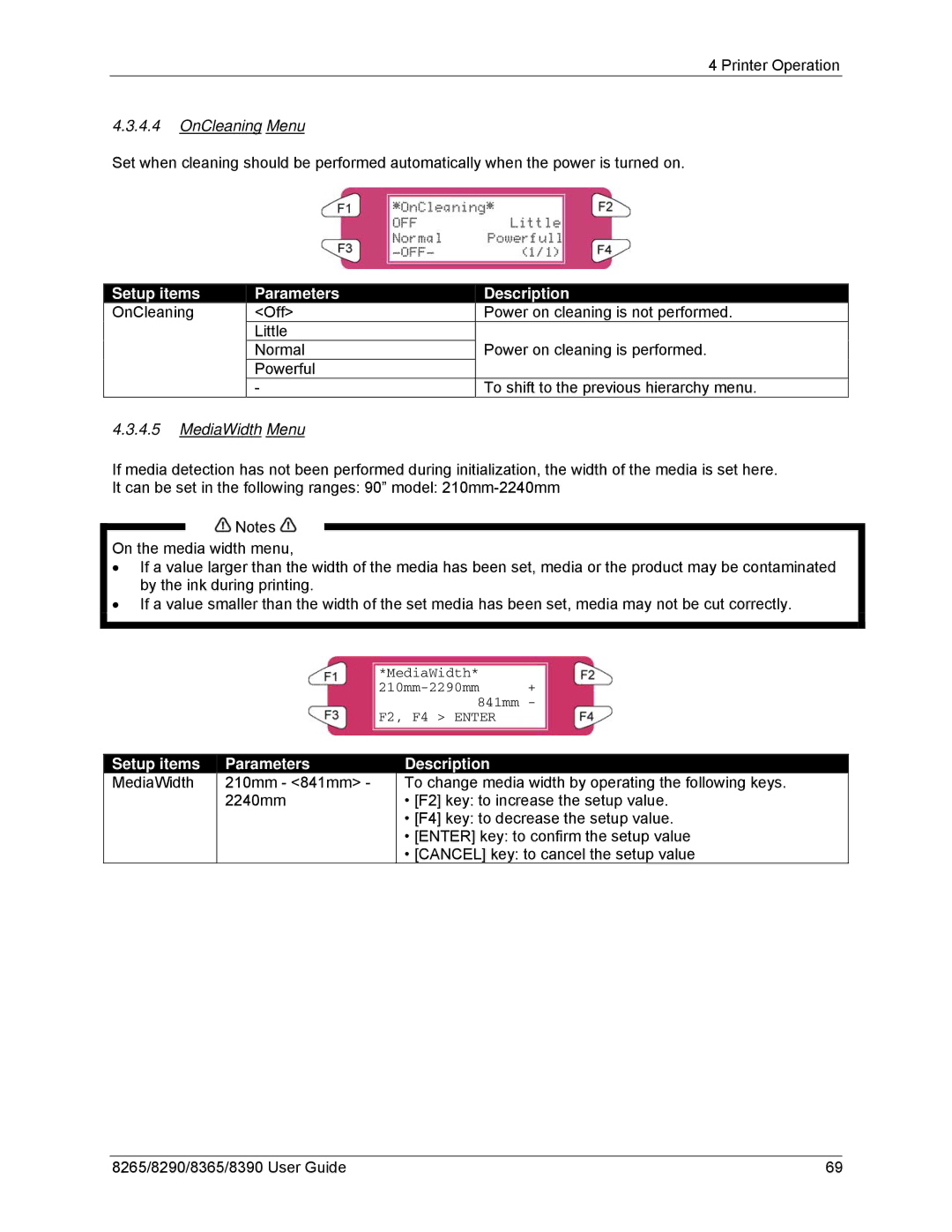 Xerox 8265, 8290, 8390, 8365 manual OnCleaning Menu, Setup items OnCleaning Parameters Description, MediaWidth Menu 