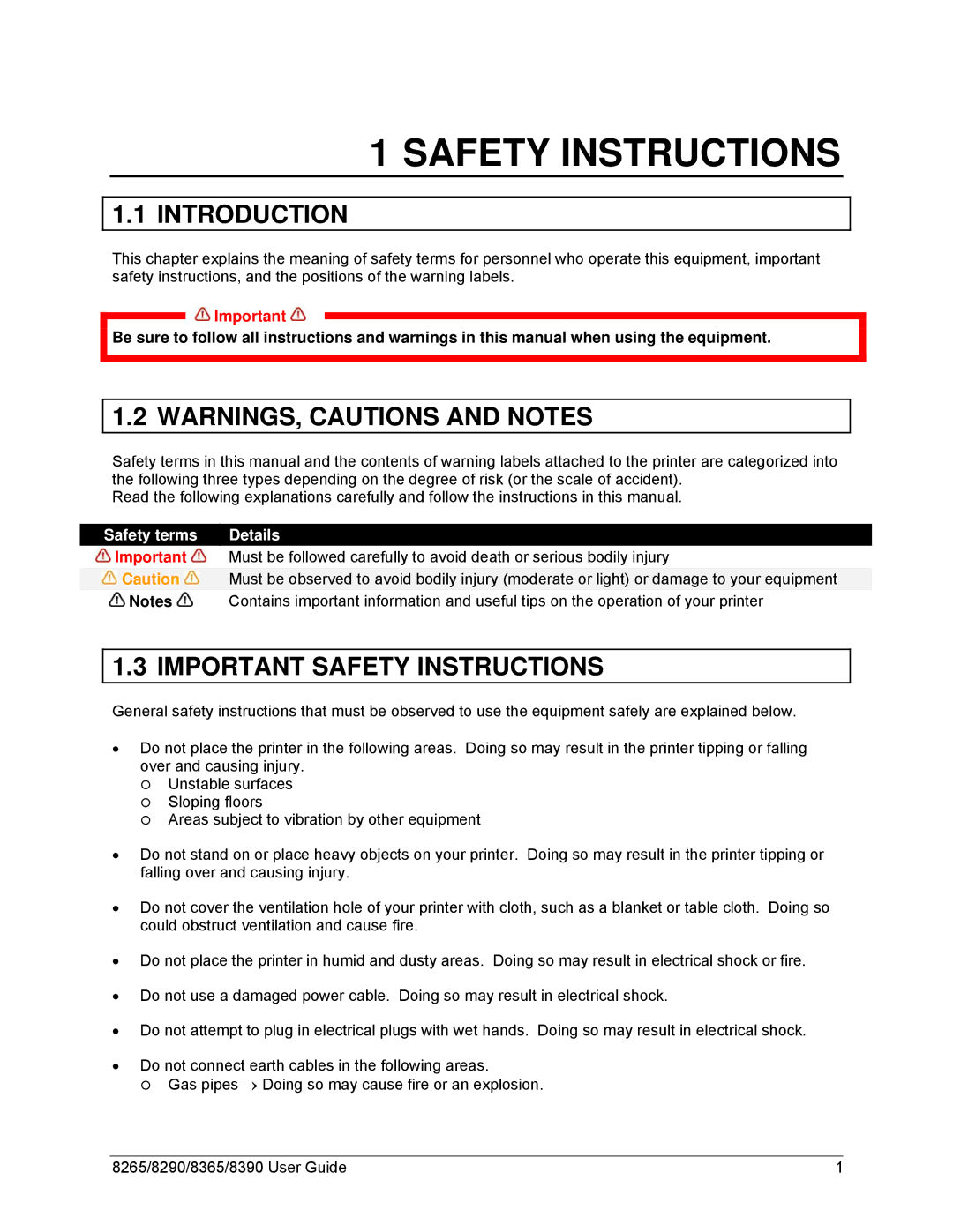 Xerox 8265, 8290, 8390, 8365 manual Introduction, Important Safety Instructions, Safety terms Details 