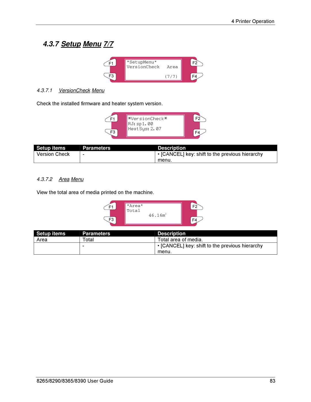 Xerox 8365, 8290, 8265, 8390 Setup Menu 7/7, VersionCheck Menu, Setup items Version Check Parameters Description, Area Menu 