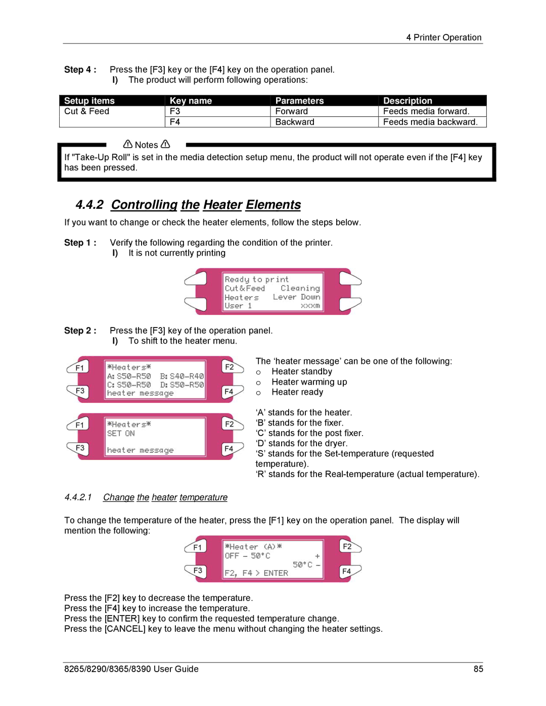 Xerox 8265, 8290, 8390, 8365 Controlling the Heater Elements, Setup items Key name Parameters, Change the heater temperature 