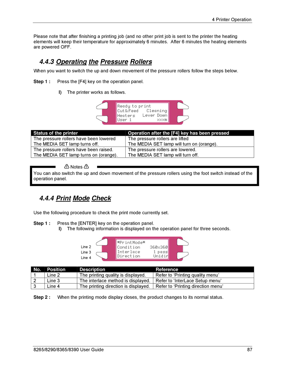 Xerox 8365, 8290, 8265, 8390 manual Operating the Pressure Rollers, Print Mode Check, Position Description Reference 