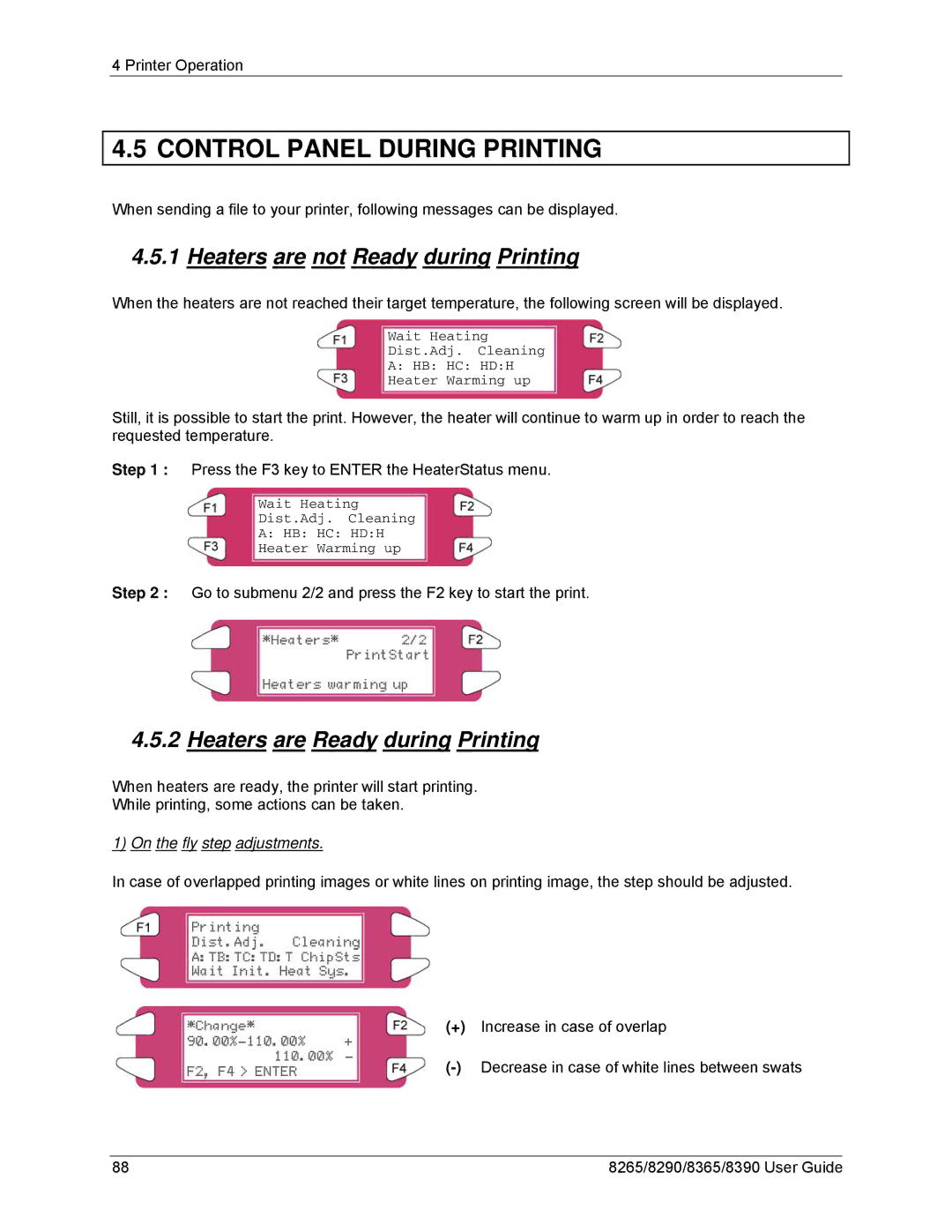 Xerox 8290, 8265 Control Panel During Printing, Heaters are not Ready during Printing, Heaters are Ready during Printing 