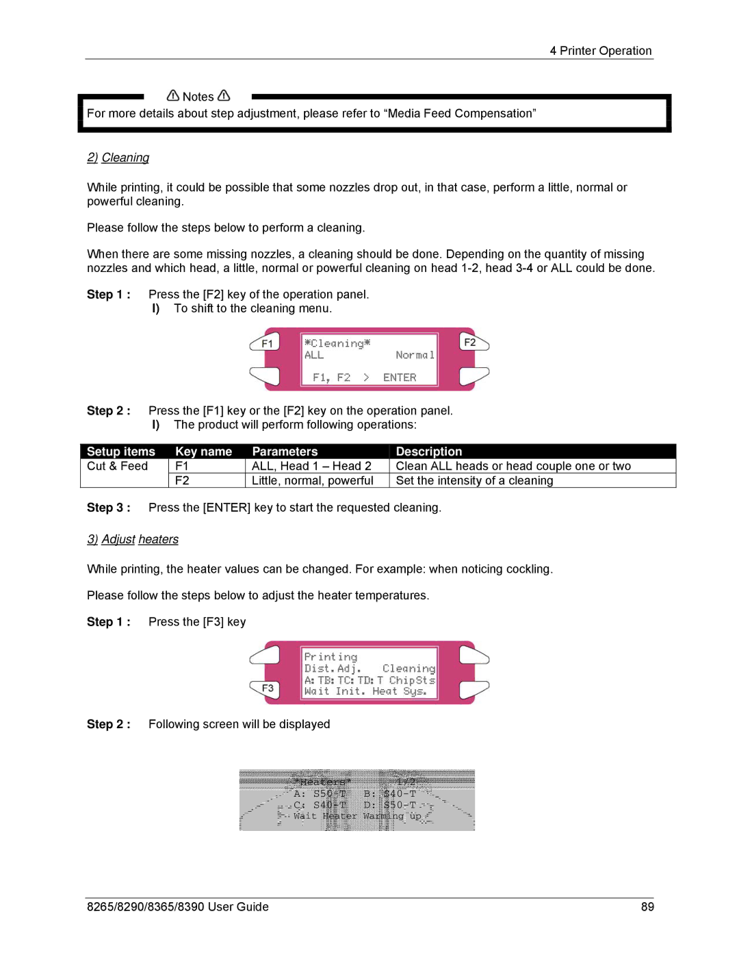 Xerox 8265, 8290, 8390, 8365 manual Cleaning, Setup items Key name Parameters Description, Adjust heaters 