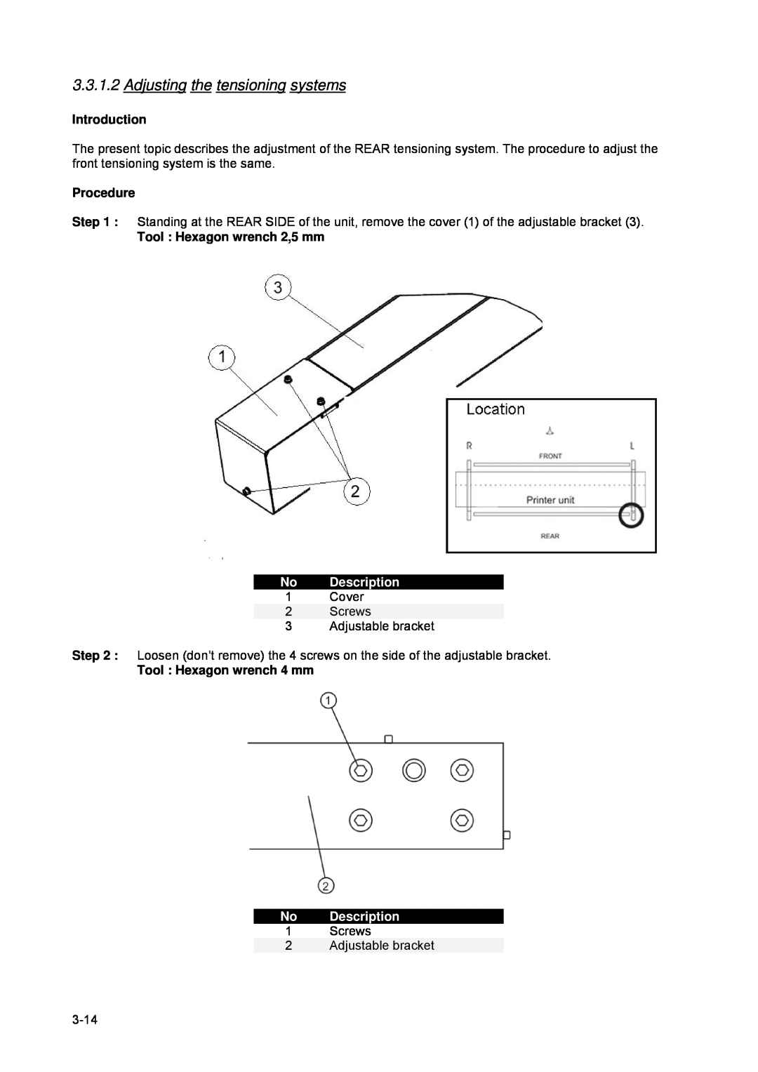 Xerox 82xx, 83xx manual Adjusting the tensioning systems, No Description 