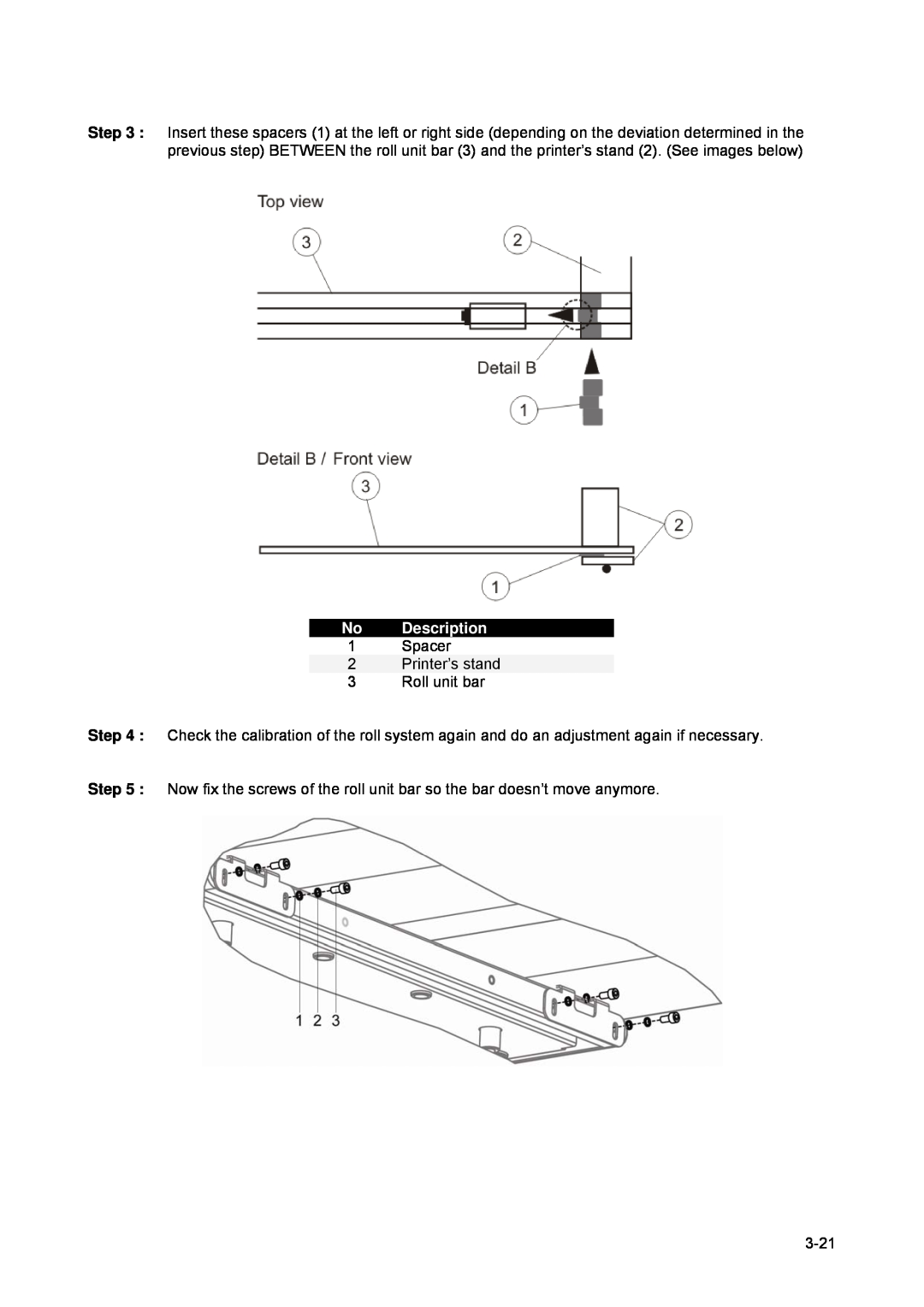 Xerox 83xx, 82xx manual No Description, Spacer 2 Printer’s stand 3 Roll unit bar 