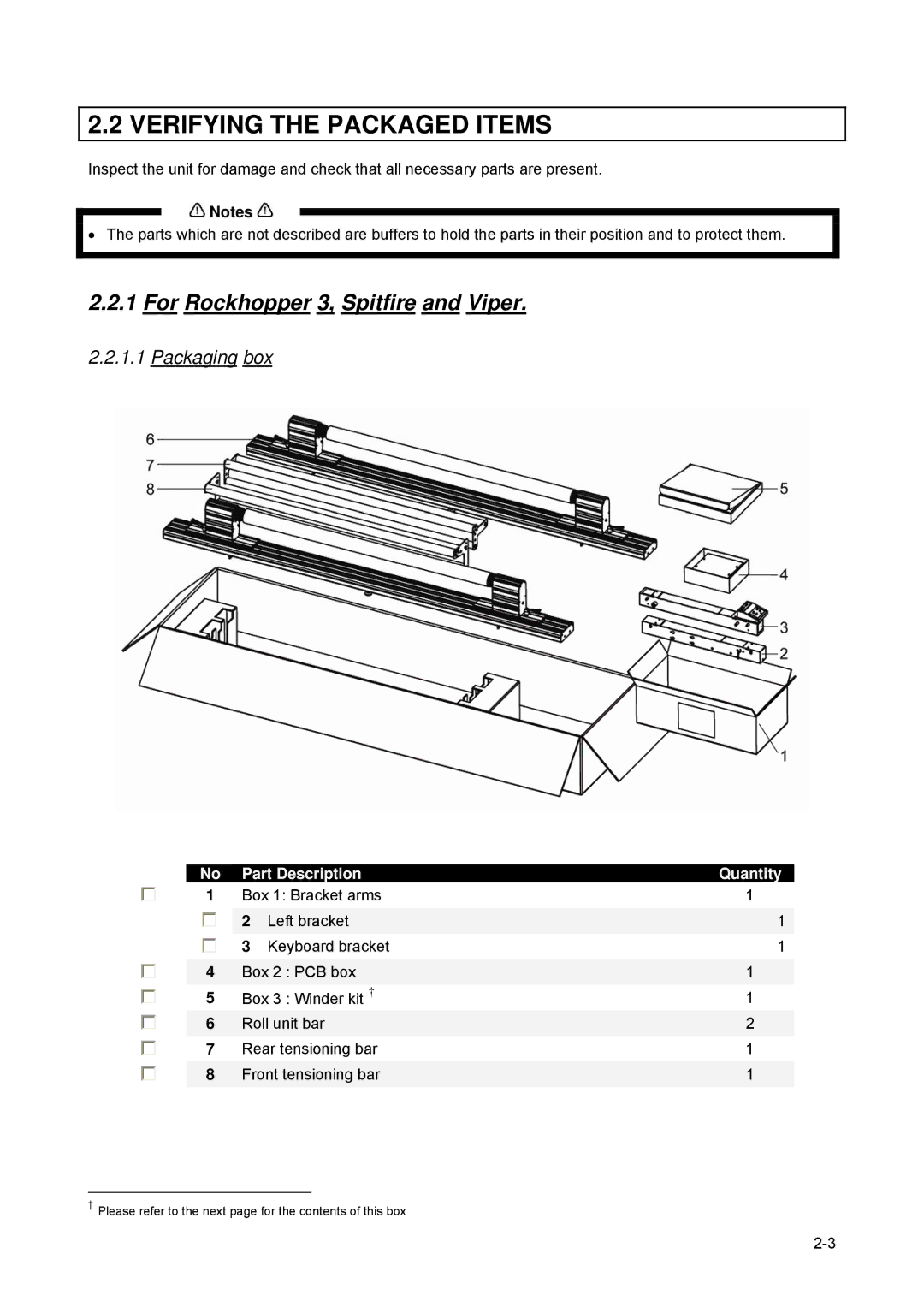 Xerox 83xx Verifying the Packaged Items, For Rockhopper 3, Spitfire and Viper, Packaging box, Part Description Quantity 