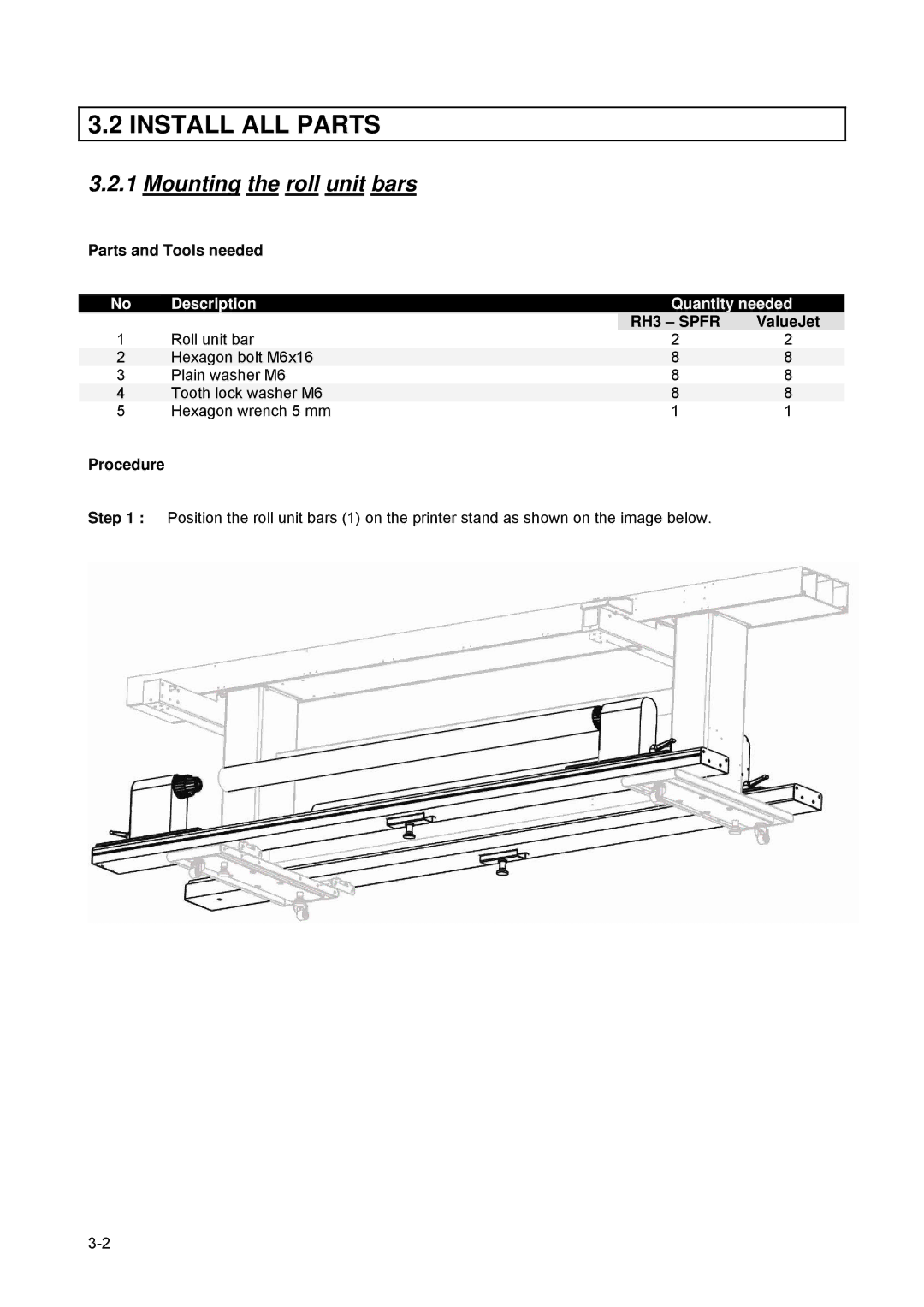 Xerox 82xx Install ALL Parts, Mounting the roll unit bars, Parts and Tools needed, Description Quantity needed, Procedure 