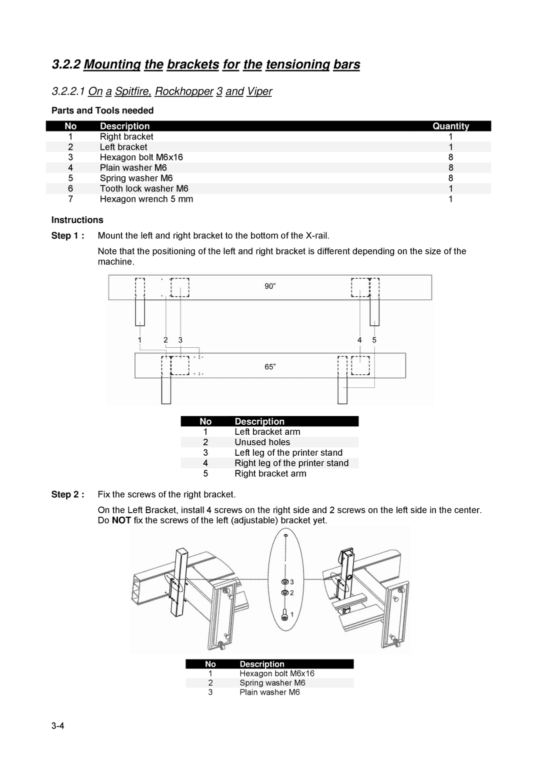 Xerox 82xx Mounting the brackets for the tensioning bars, On a Spitfire, Rockhopper 3 and Viper, Description Quantity 