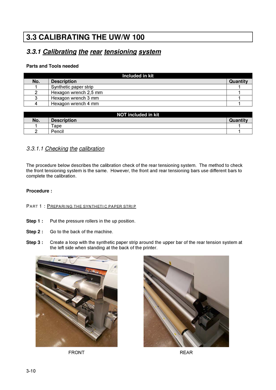 Xerox 82xx, 83xx Calibrating the UW/W, Calibrating the rear tensioning system, Checking the calibration, Included in kit 