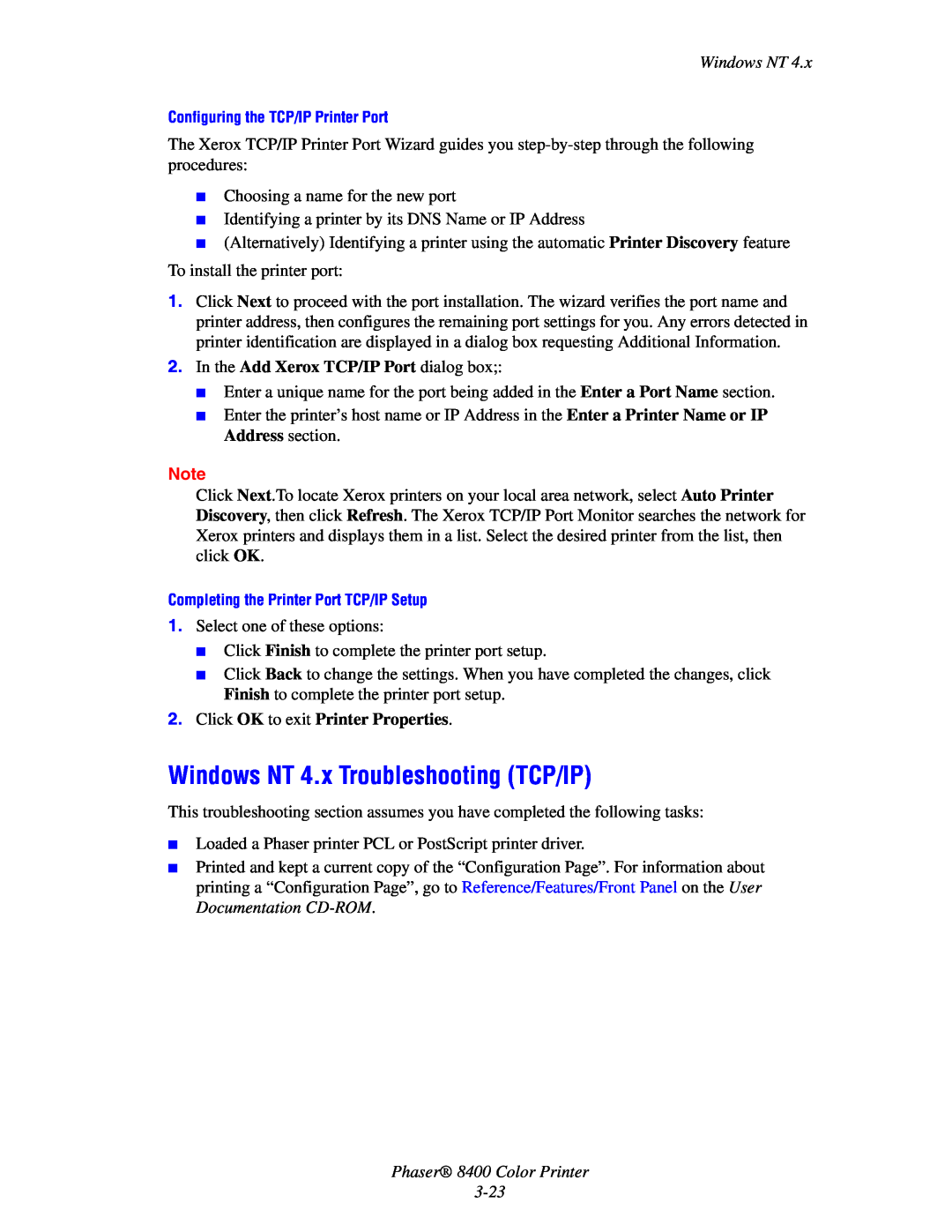 Xerox manual Windows NT 4.x Troubleshooting TCP/IP, In the Add Xerox TCP/IP Port dialog box, Phaser 8400 Color Printer 
