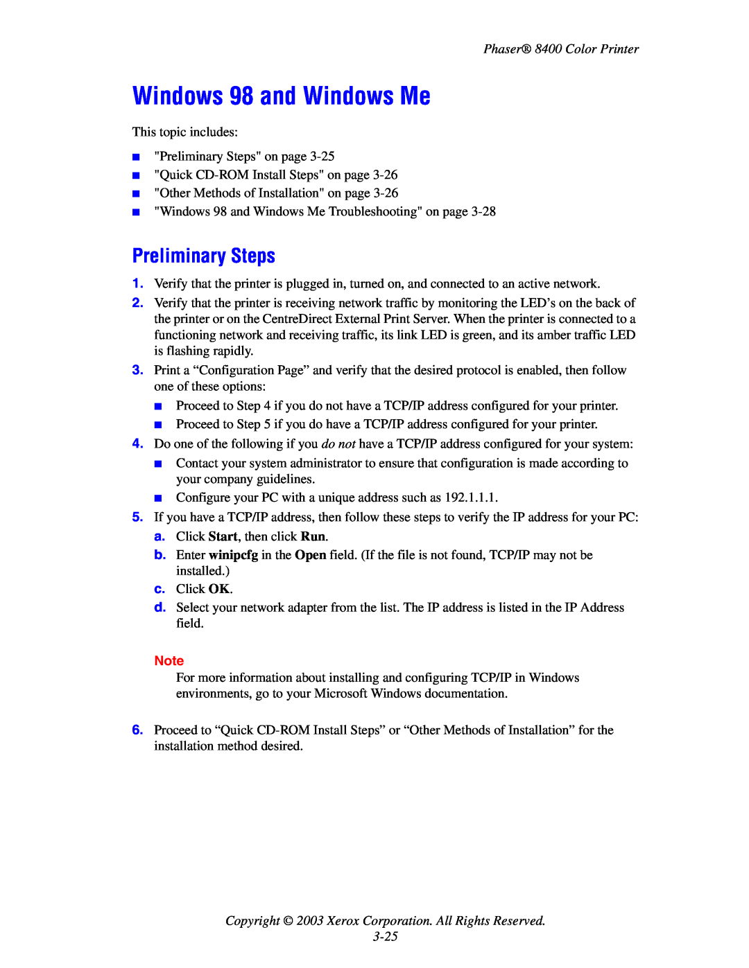 Xerox manual Preliminary Steps, Phaser 8400 Color Printer, 3-25, Windows 98 and Windows Me 
