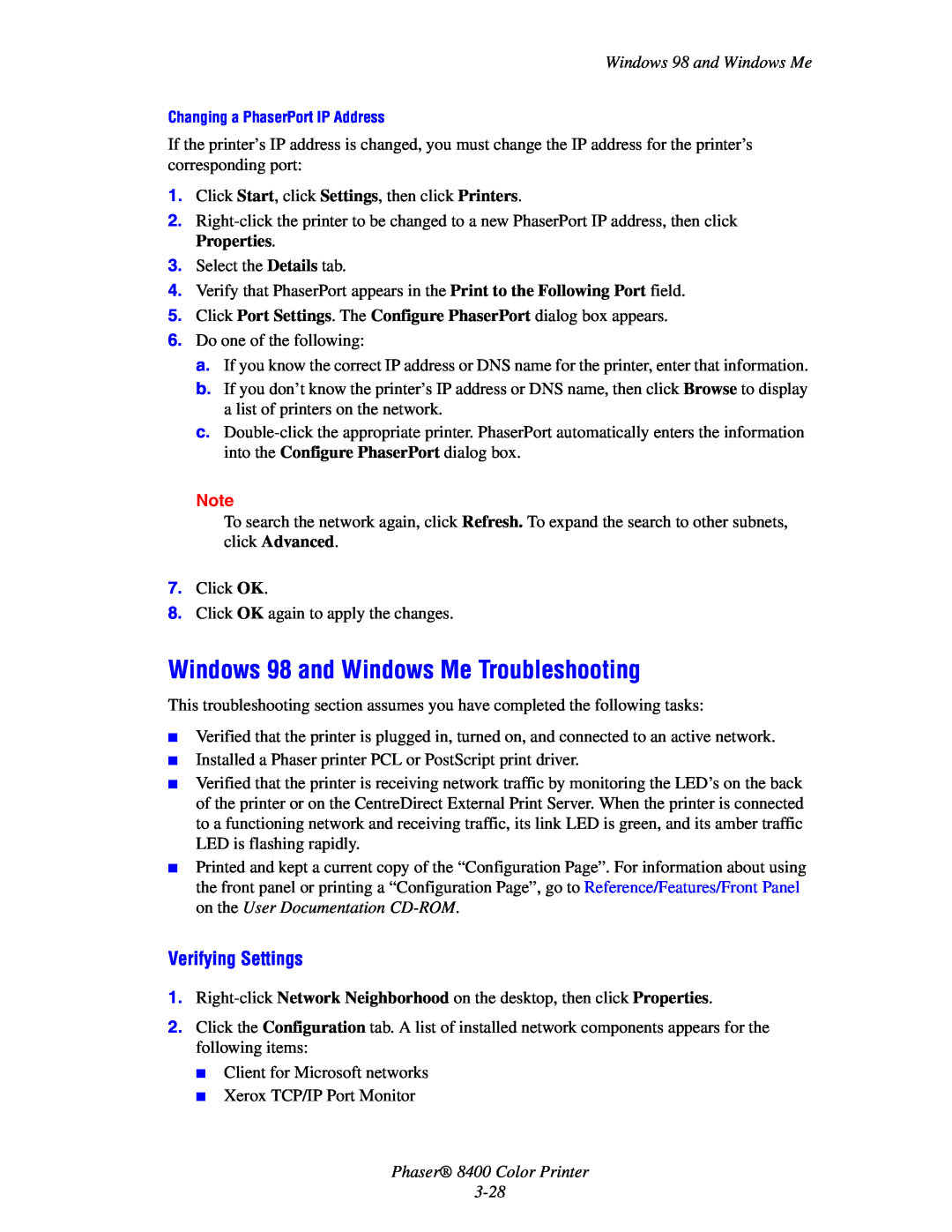 Xerox manual Windows 98 and Windows Me Troubleshooting, Verifying Settings, Phaser 8400 Color Printer 