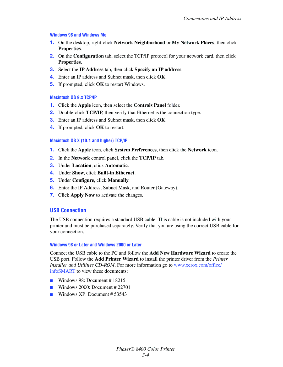 Xerox 8400 manual USB Connection 