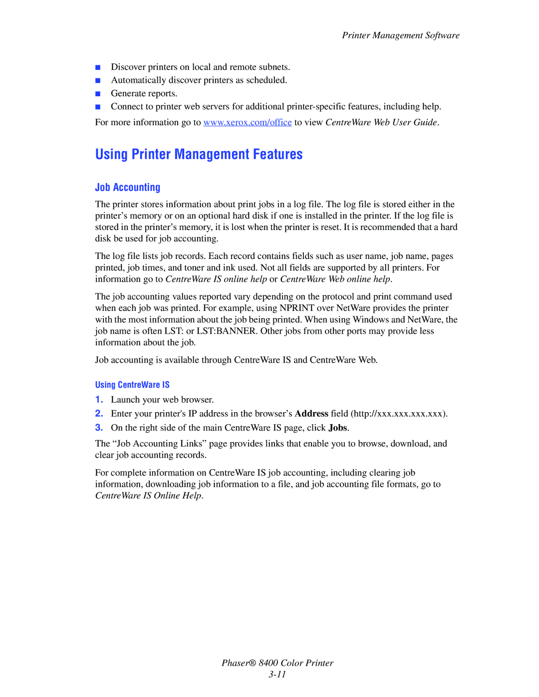 Xerox 8400 manual Using Printer Management Features, Job Accounting 