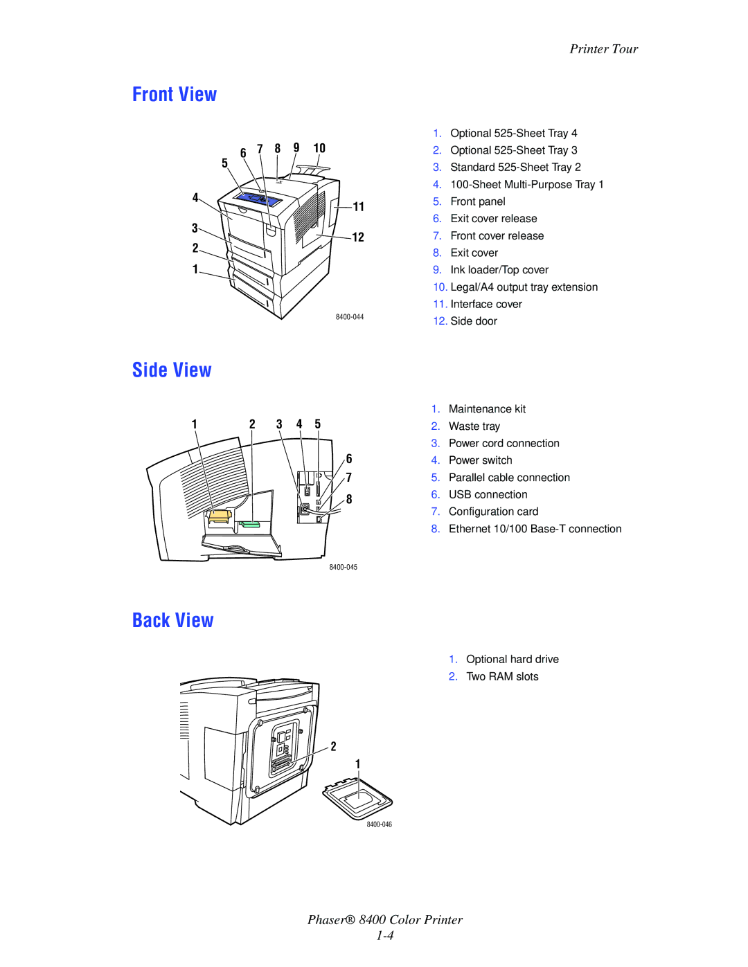 Xerox 8400 manual Front View, Side View, Back View 