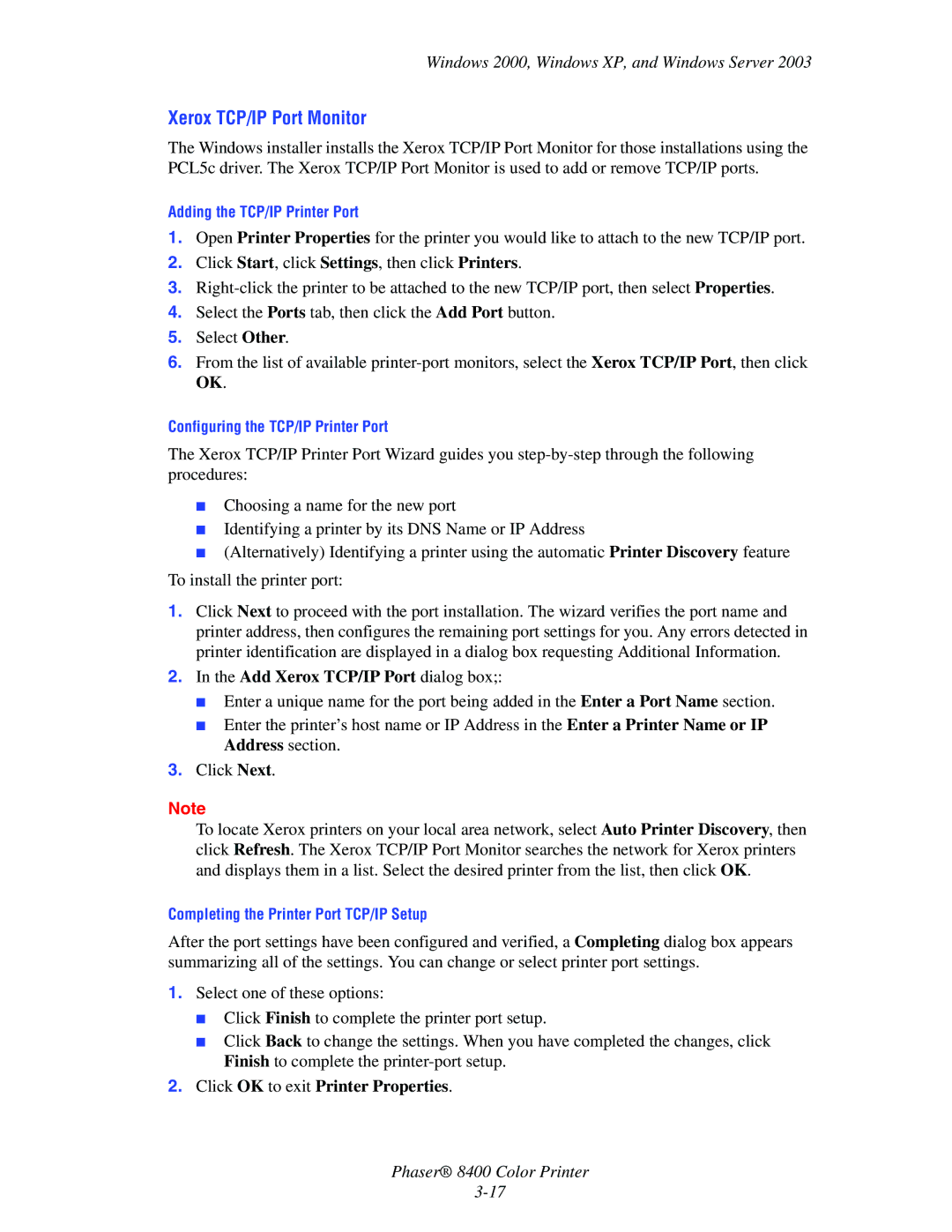 Xerox 8400 manual Xerox TCP/IP Port Monitor, Add Xerox TCP/IP Port dialog box, Click OK to exit Printer Properties 