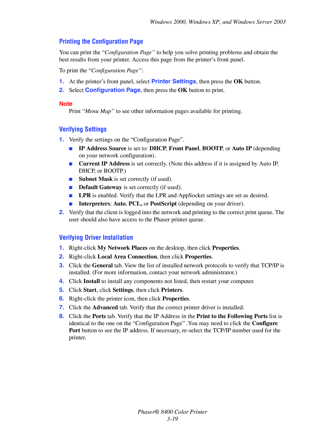 Xerox 8400 manual Printing the Configuration, Verifying Settings, Verifying Driver Installation, To print the Configuration 