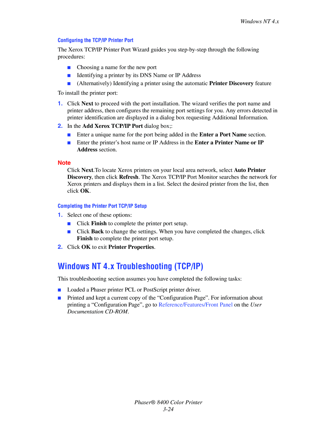 Xerox 8400 manual Windows NT 4.x Troubleshooting TCP/IP, Add Xerox TCP/IP Port dialog box 