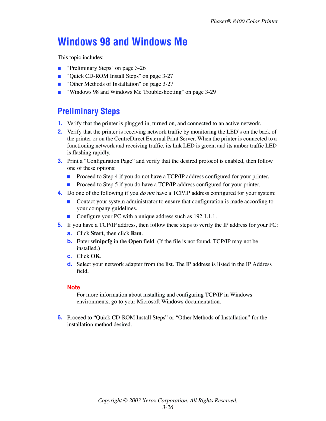 Xerox 8400 manual Windows 98 and Windows Me, Preliminary Steps 