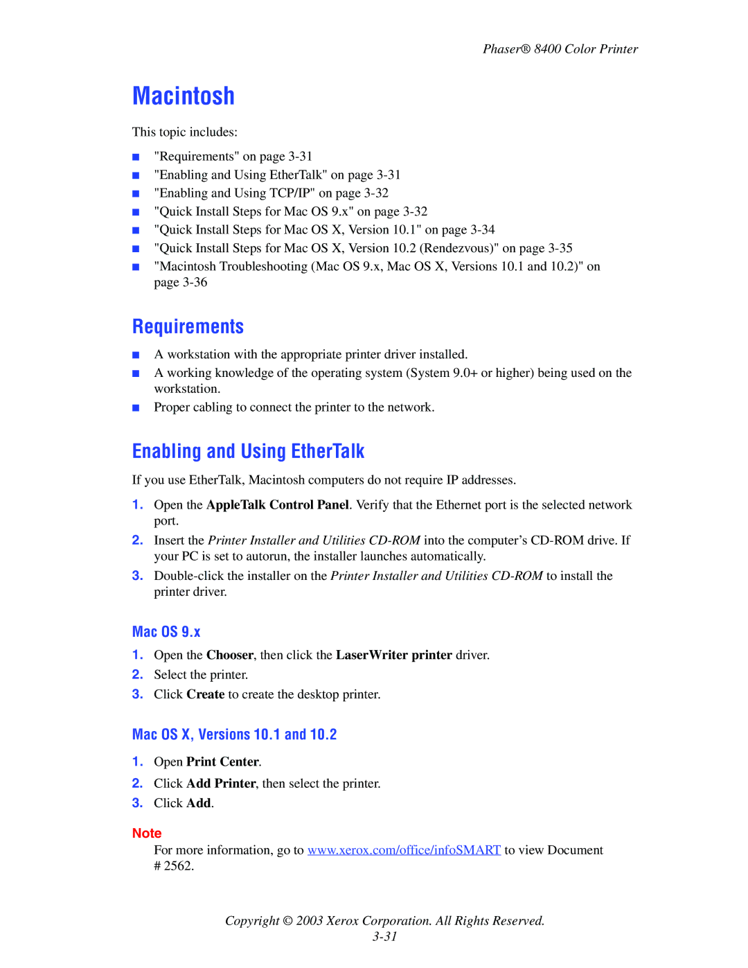 Xerox 8400 manual Macintosh, Requirements, Enabling and Using EtherTalk, Mac OS X, Versions 10.1 