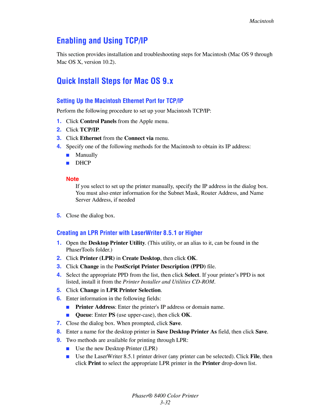 Xerox 8400 Enabling and Using TCP/IP, Quick Install Steps for Mac OS, Setting Up the Macintosh Ethernet Port for TCP/IP 