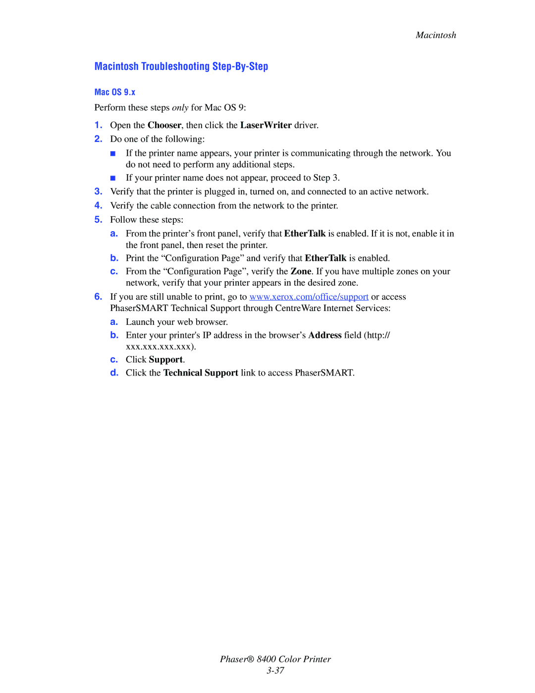 Xerox 8400 manual Macintosh Troubleshooting Step-By-Step 