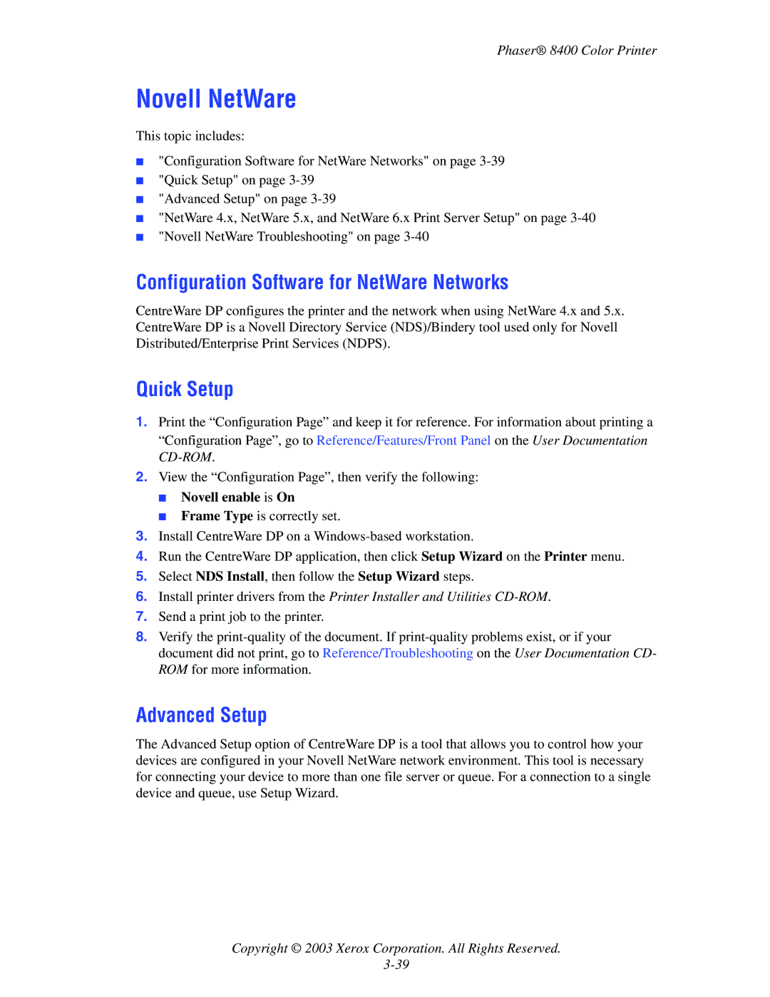 Xerox 8400 Novell NetWare, Configuration Software for NetWare Networks, Quick Setup, Advanced Setup, Novell enable is On 