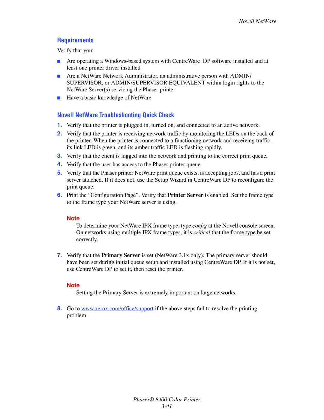 Xerox 8400 manual Requirements, Novell NetWare Troubleshooting Quick Check 