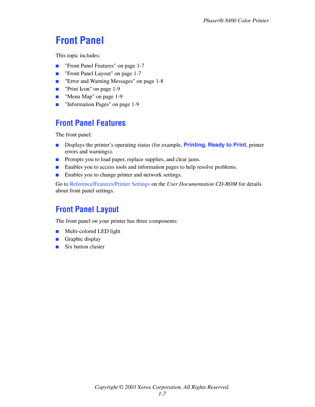 Xerox 8400 manual Front Panel Features, Front Panel Layout 