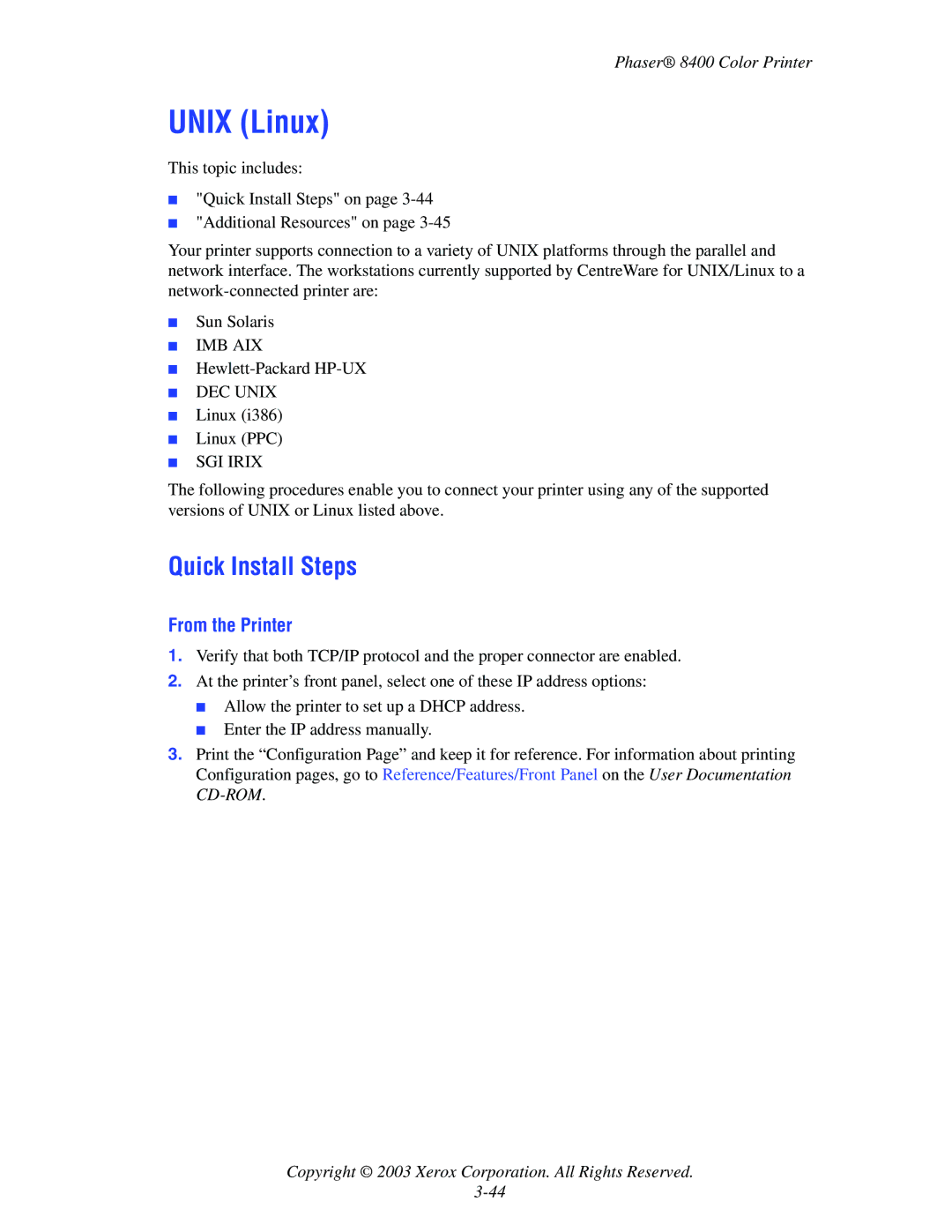 Xerox 8400 manual Unix Linux, Quick Install Steps, From the Printer 