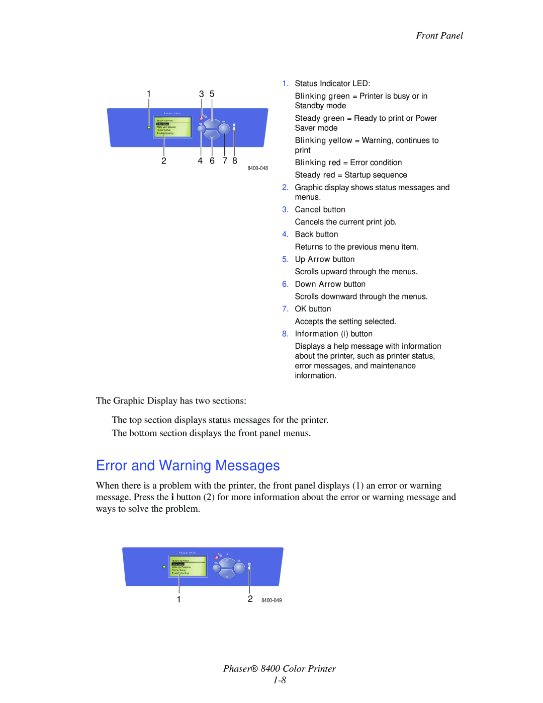 Xerox 8400 manual Error and Warning Messages, Front Panel 