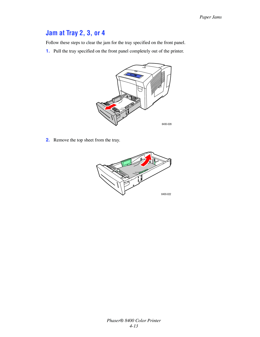 Xerox 8400 manual Jam at Tray 2, 3, or 